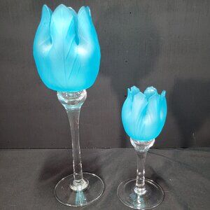 Pair Handblown Art Glass Flower Candle Holders Ice Blue Tulip Clear Stem